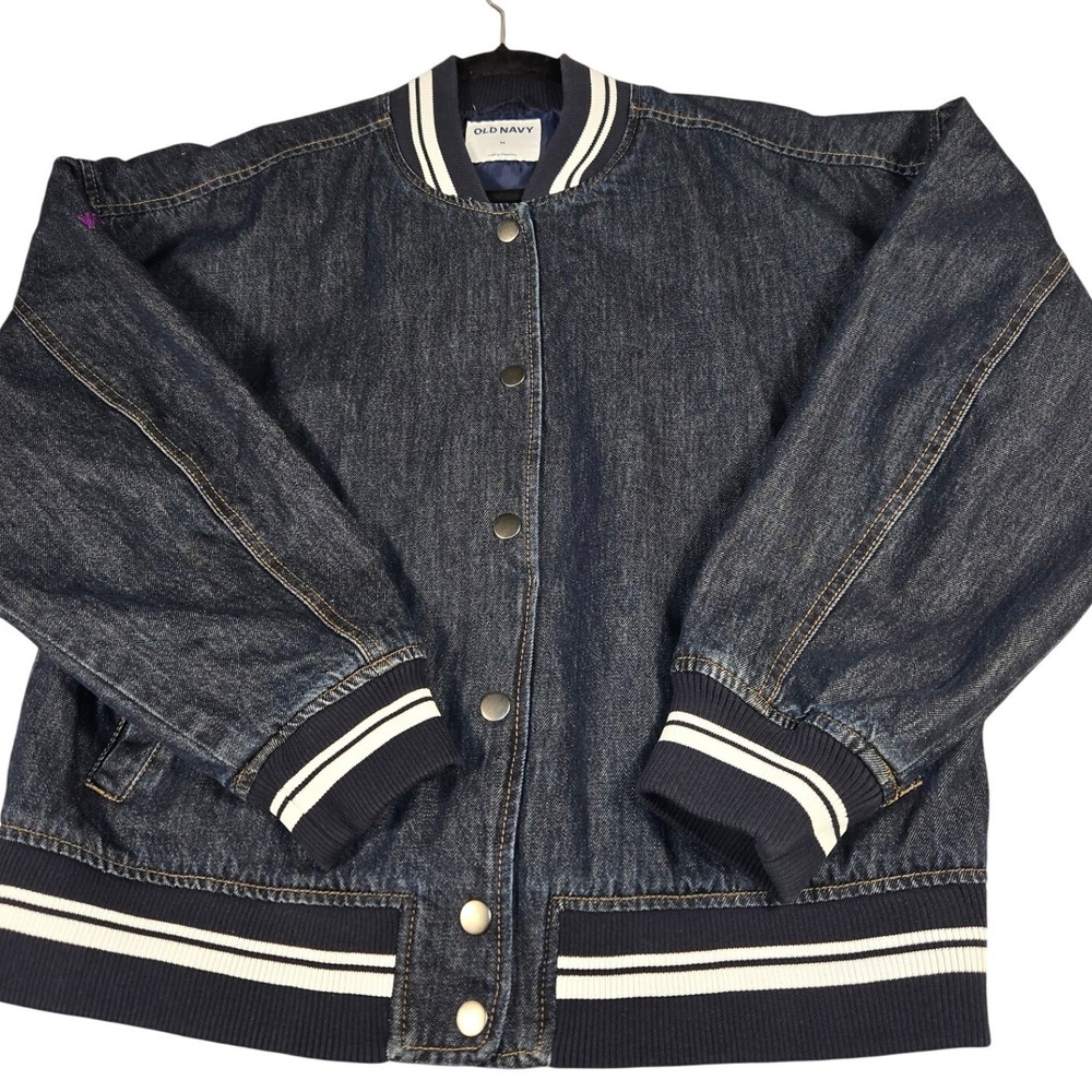 Old Navy Denim Bomber Jacket Medium Wash Younglife Varsity Blue Mens M 478104-00